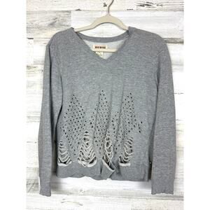Pepin Women’s XS Gray Distressed Boho Cutout V-Neck Long Sleeve Sweatshirt